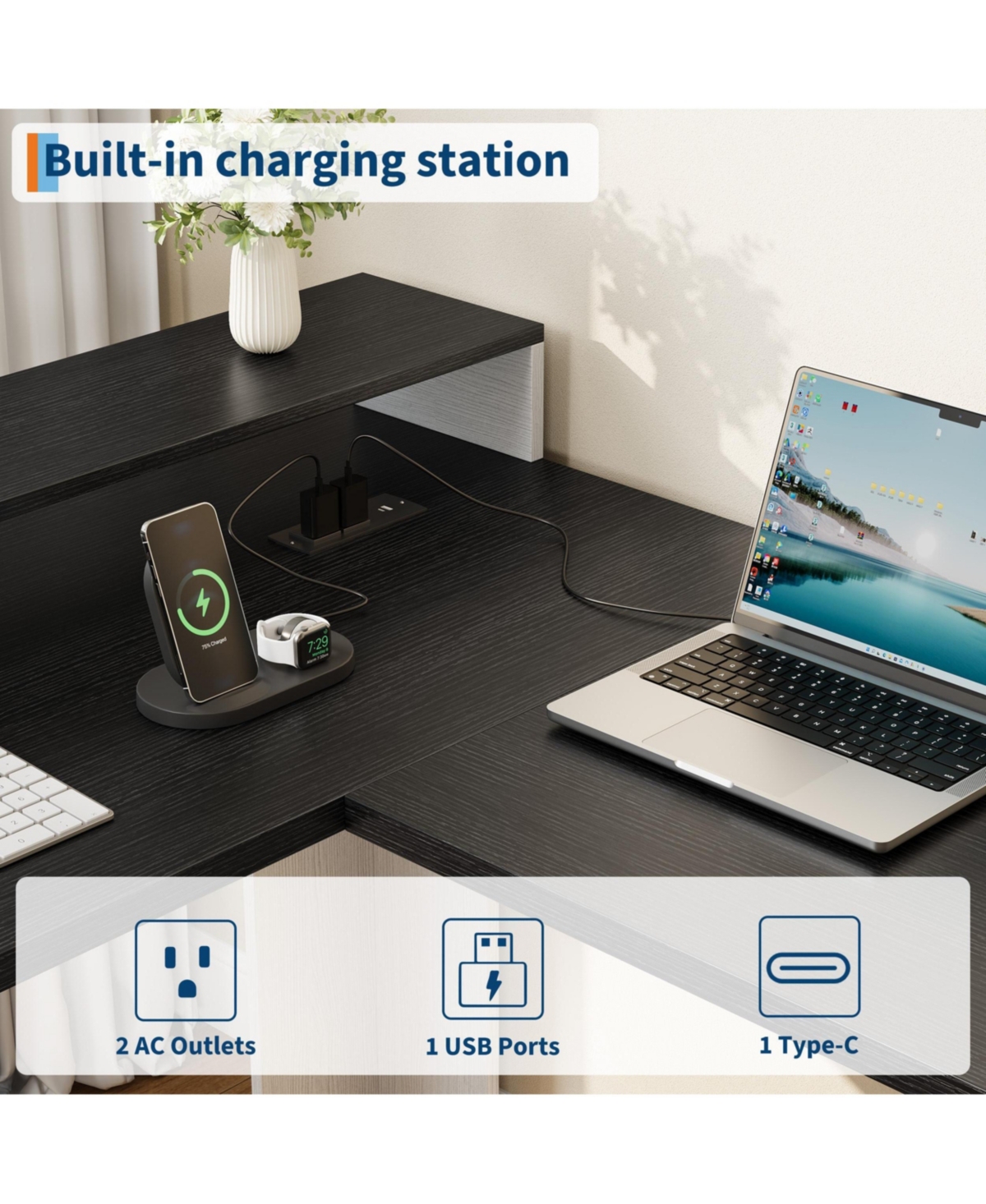 gaomon 63 Inch L-Shaped Desk with 4 File Drawers and Power Outlets, Large Corner Computer Desk with Integrated Monitor Stand, Rustic Office Desk