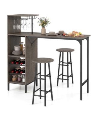 3 Piece Bar Table and Chairs Set Industrial Pub Table and Stools with Bottle Wine Rack