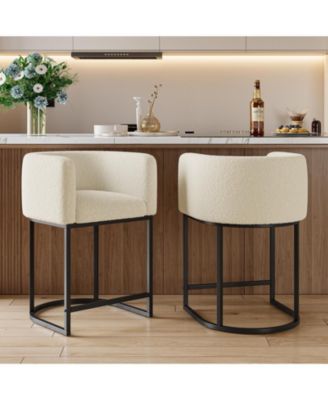 Modern Upholstered Counter Height Bar Stools Set of 2, Lambswool-Style Barrel Barstools with Back and Arms for Island