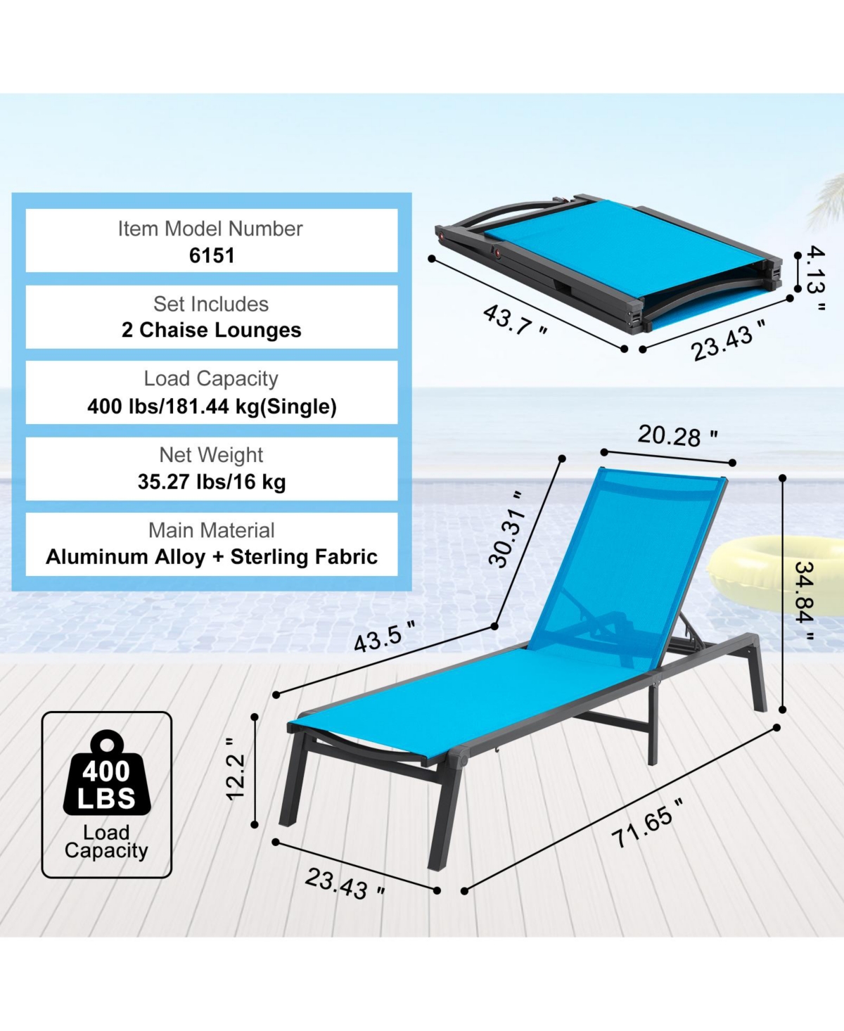 Sugift 2-Piece Aluminum Outdoor Chaise Lounge Chairs with 5-Position Adjustable Folding Recliner
