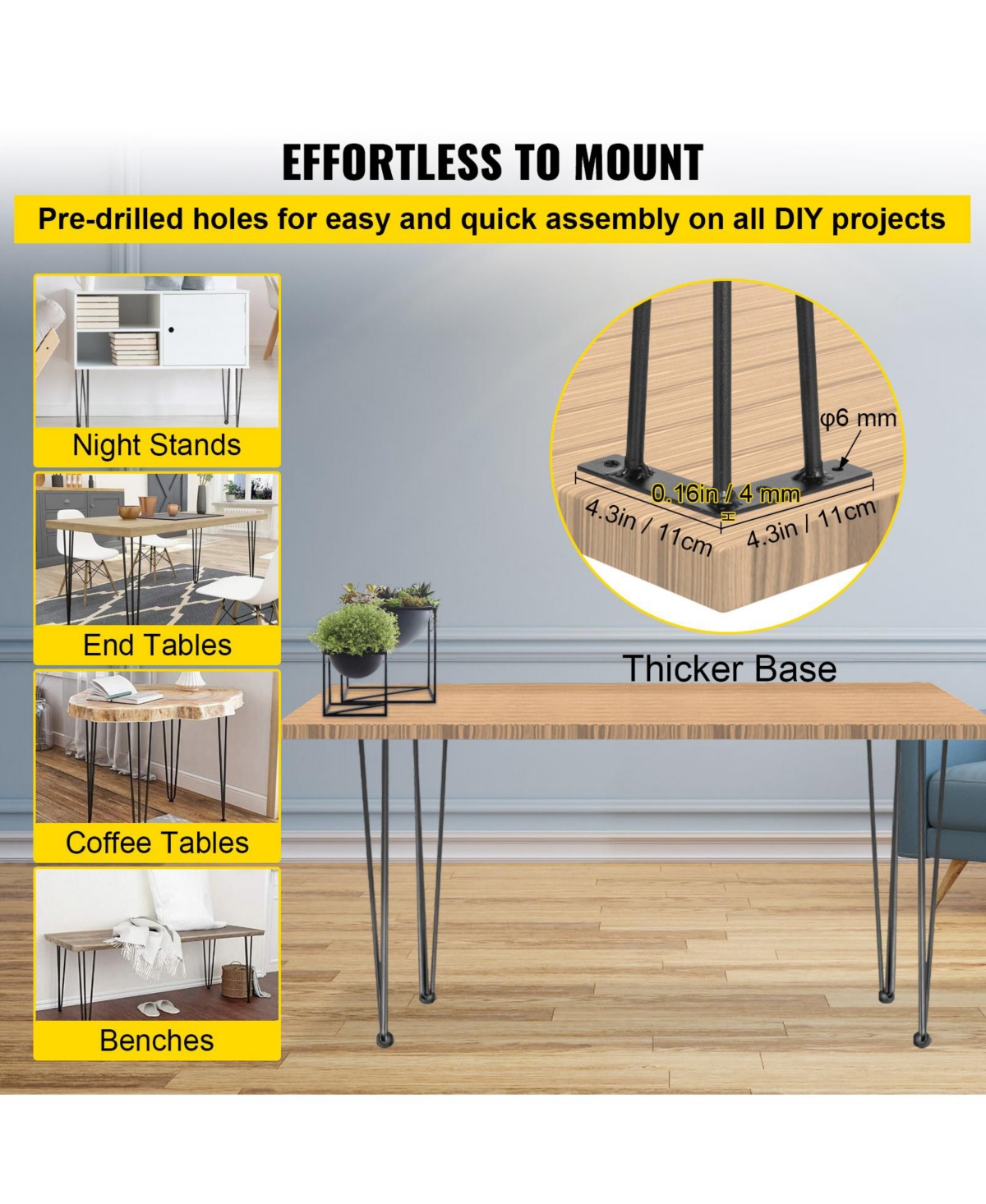 Sugift 18in Set of 4 Hairpin Desk Legs 880lbs Load Capacity Each 220lbs 3 Rod Carbon Steel Furniture Legs