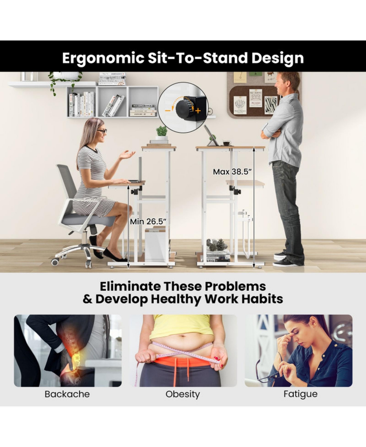 Gouun Compact Sit Stand Desk with Height Adjustable Top and Footrest for Small Spaces