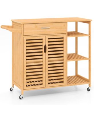 Kitchen Island Cart on Wheels with Bamboo Frame Drawer Cabinet and 3 Shelves
