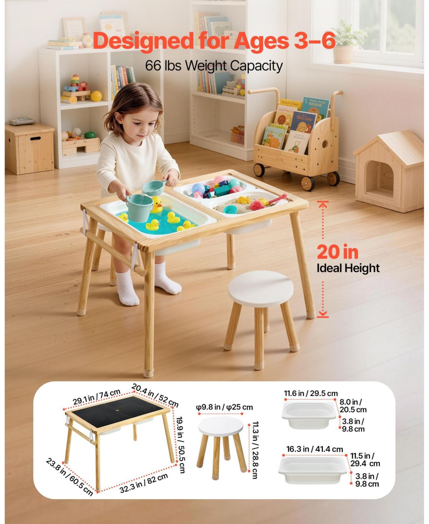 Детская игрушка SUGIFT Wooden Kids Double-Sided Sensory Activity Table with 2 Stools, Non-Slip Feet, Ages 3+, цвет: Натуральный — фото 3