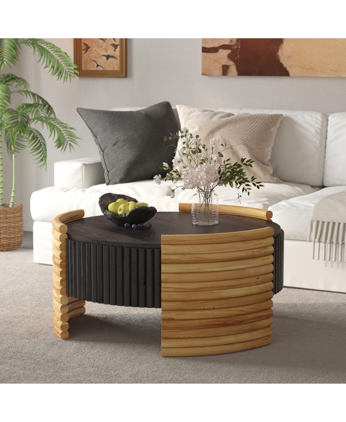 Flynama 31.5" Round Flip-Top Coffee Table, Colorblock Striped Mdf with Wood Veneer