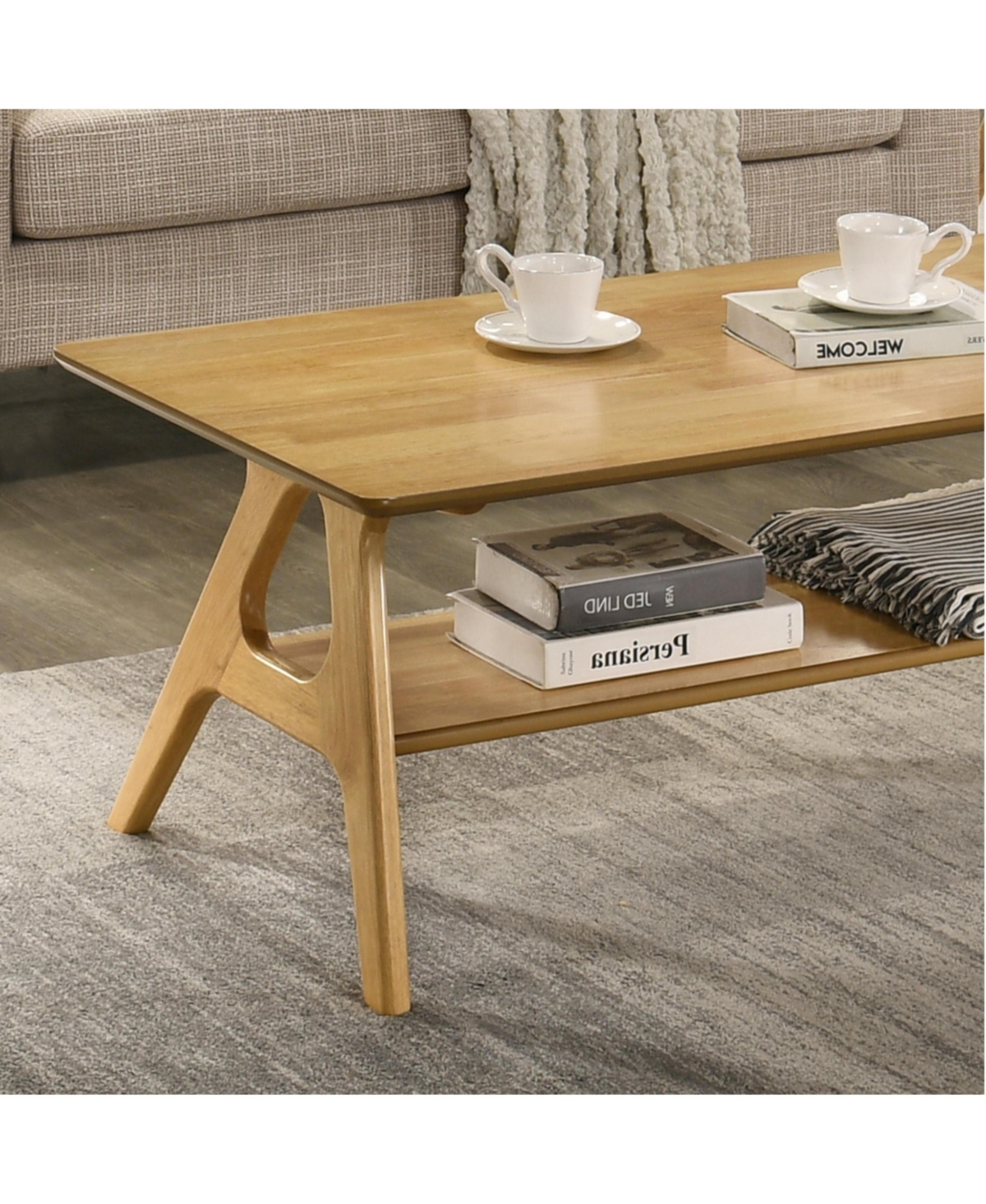 Flynama Mid Century Modern Wood Coffee Table with Storage Shelf Mdf Veneer Rubberwood Base