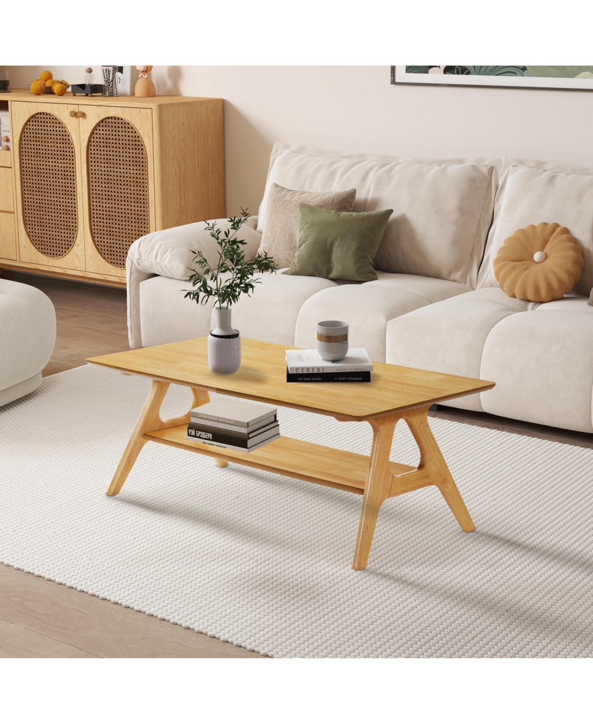 Flynama Mid Century Modern Wood Coffee Table with Storage Shelf Mdf Veneer Rubberwood Base