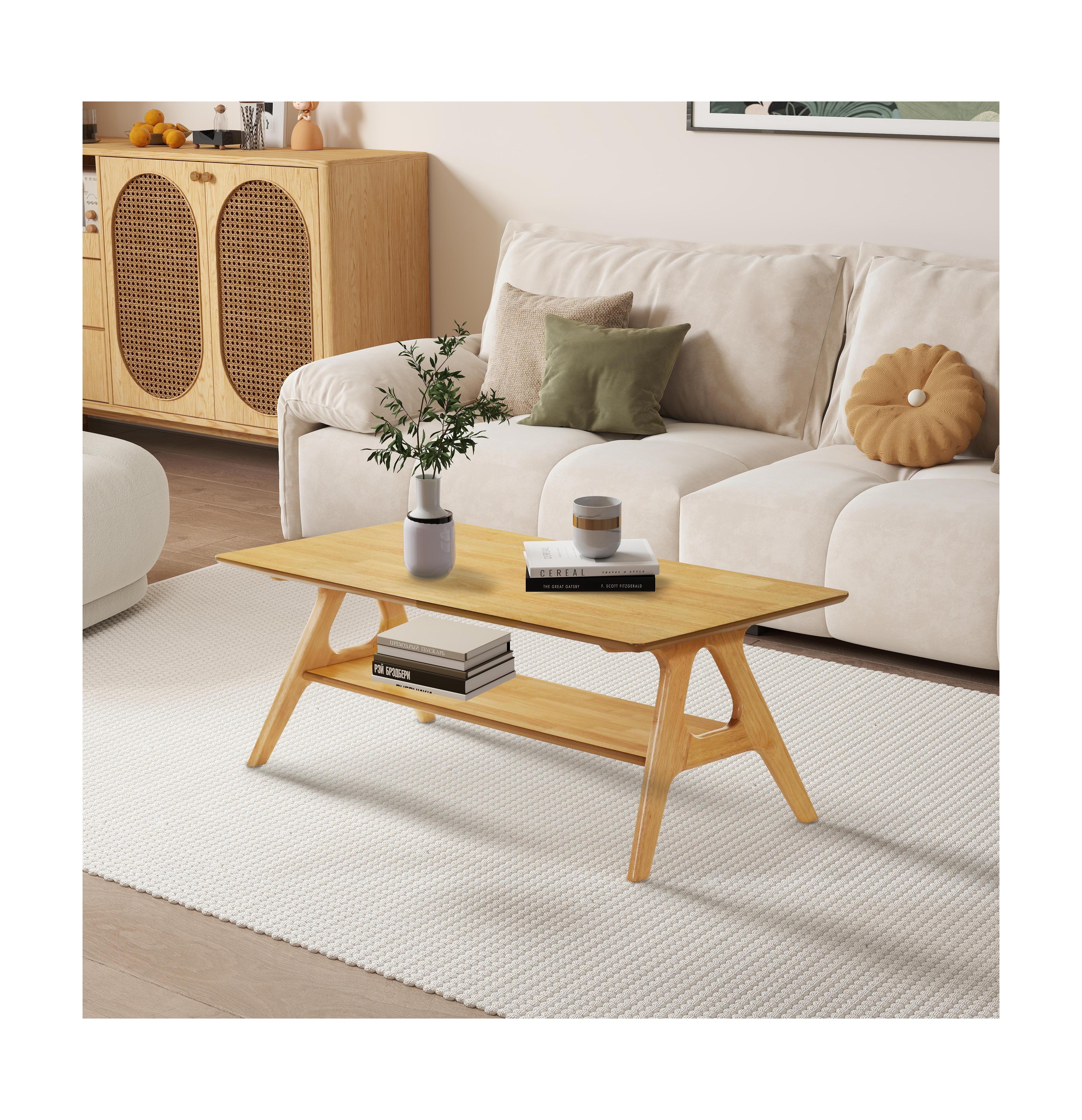 Flynama Mid Century Modern Wood Coffee Table with Storage Shelf Mdf Veneer Rubberwood Base