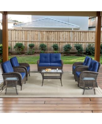 8-Piece All-Weather Outdoor Wicker Family Conversation Set with Glider Loveseat, Arm Chairs, Swivel Rocking Chairs and Tables