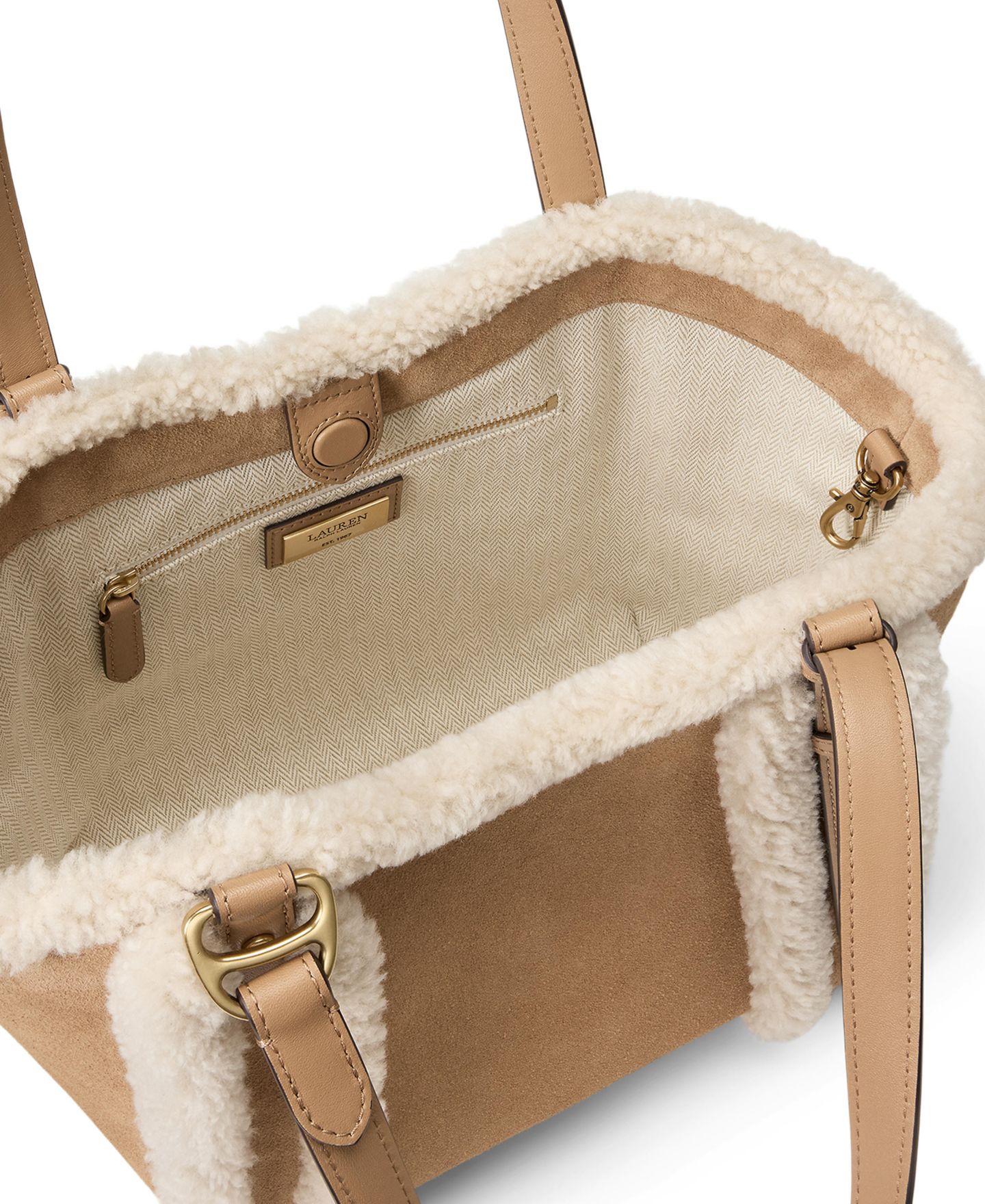 Женская сумка Lauren Ralph Lauren Tasha Suede Shearling Trim Small, цвет: Верблюжий / Натуральный — фото 5
