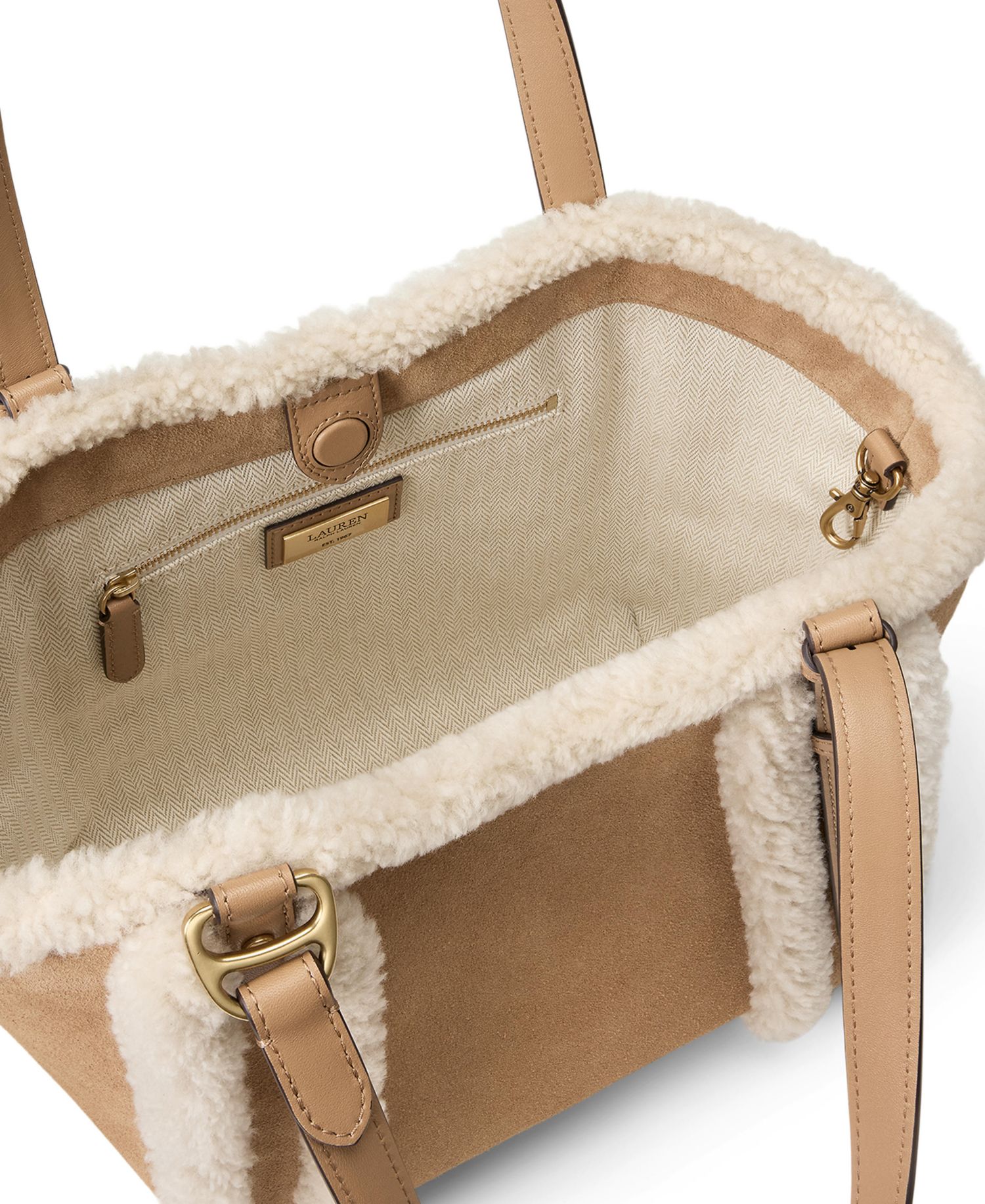 Tasha Suede Shearling Trim Small Tote Bag