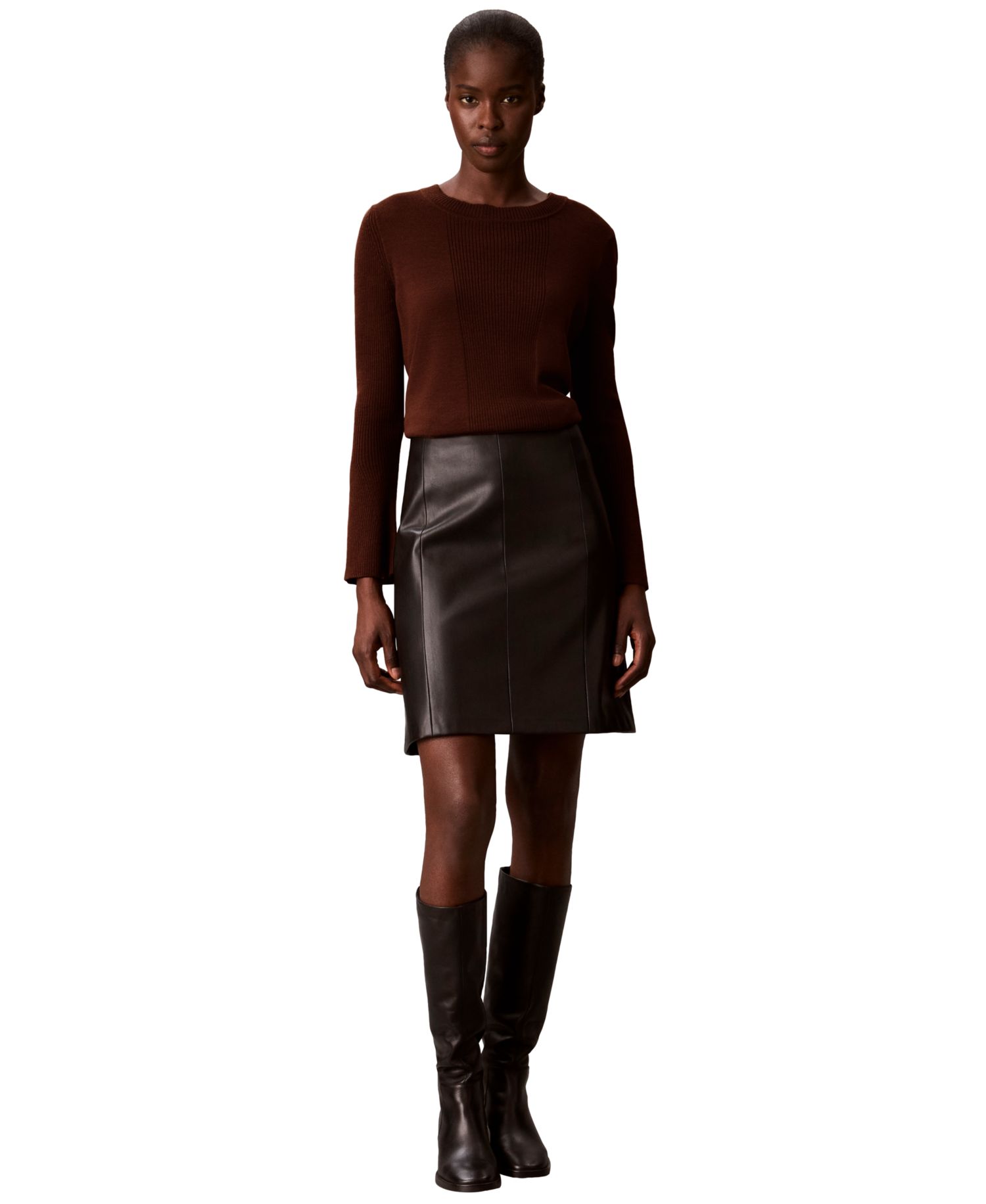 Petite Ribbed Sculpted-Sleeve Crewneck Sweater