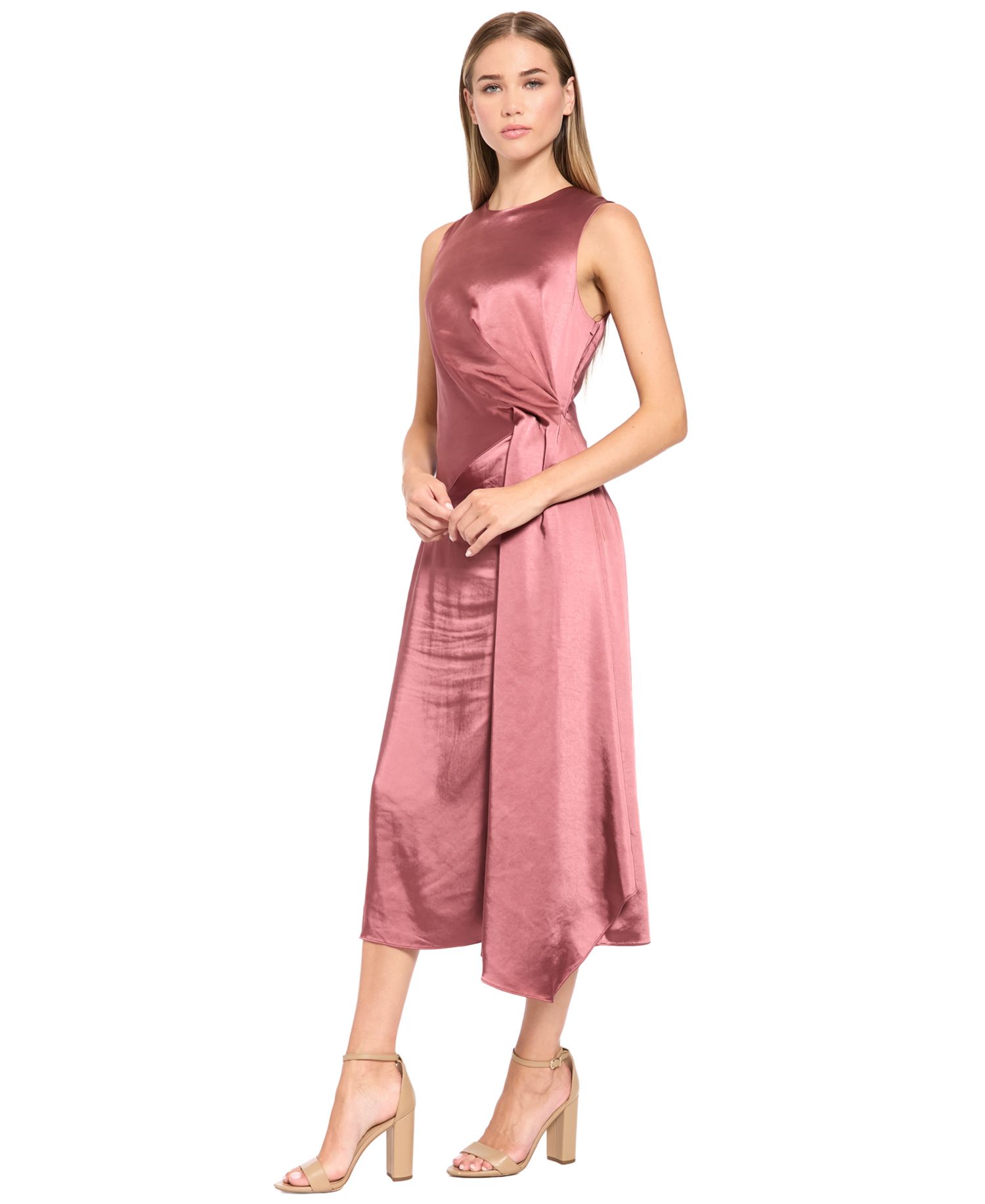 Women's Satin Midi Side-Gathering Dress