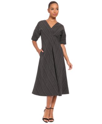Women's 3/4 Puff-Sleeve V-Neck Striped Fit-and-Flare Midi Dress