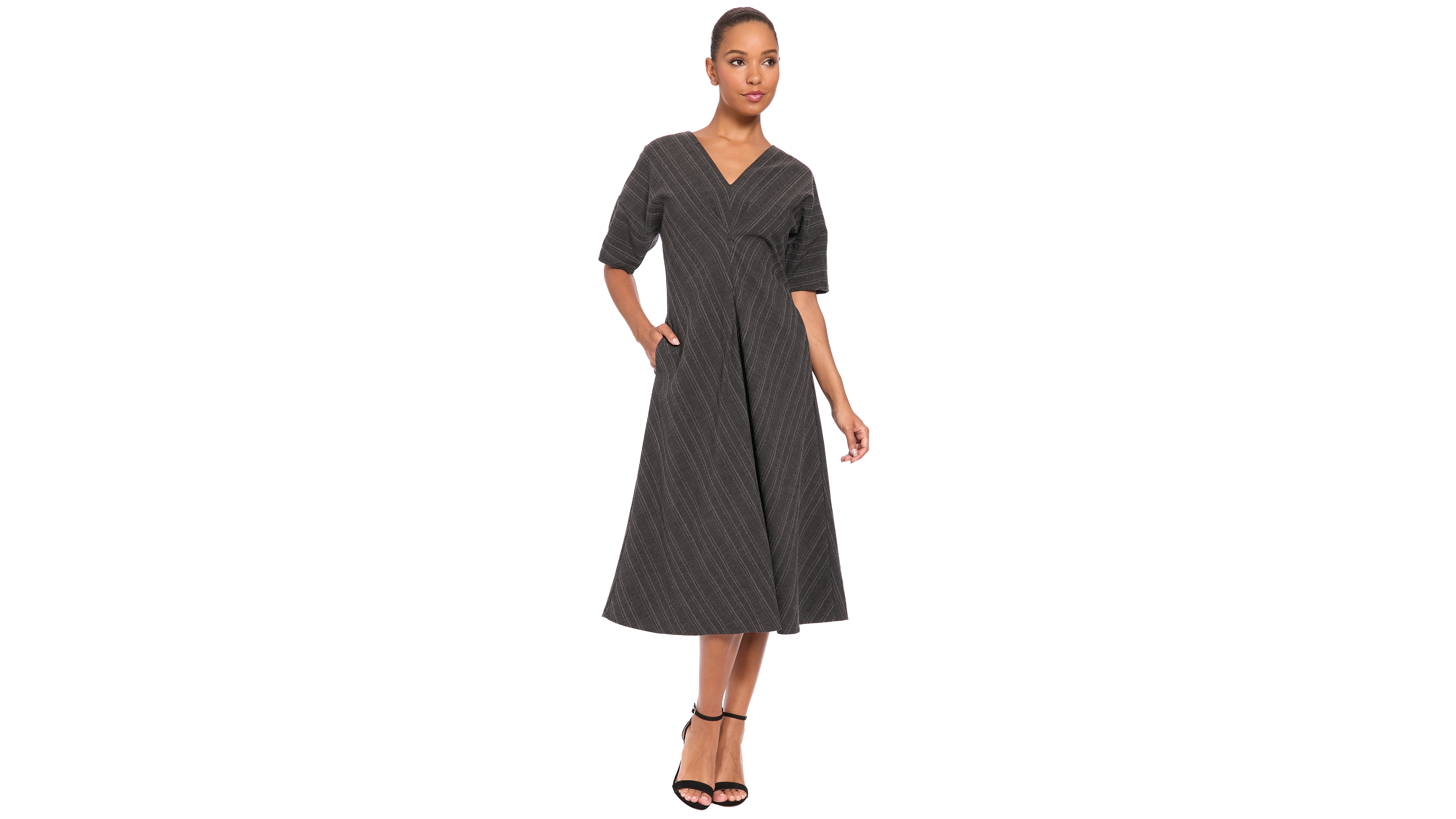 Luxely Women's 3/4 Puff-Sleeve V-Neck Striped Fit-and-Flare Midi Dress