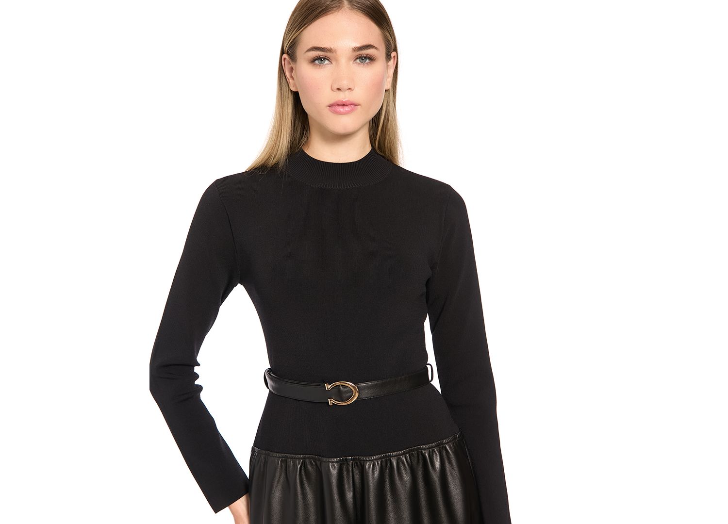 Women's Long-Sleeve Mock-Neck Mixed-Media Midi Dress