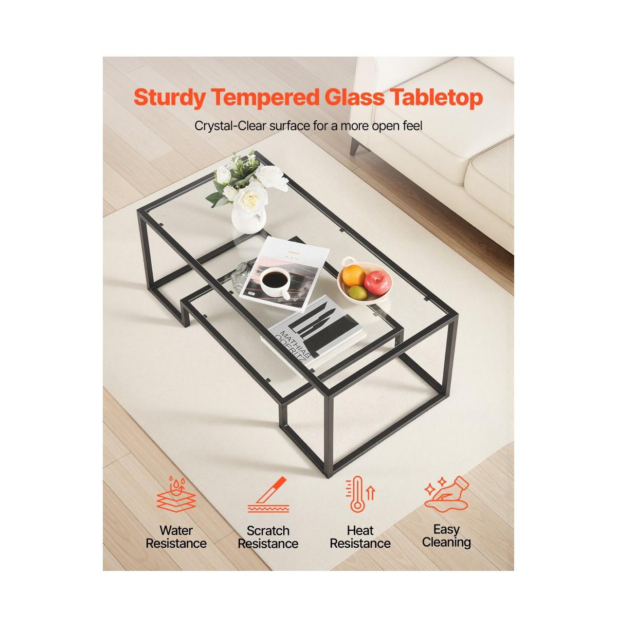 Slickblue 2-Tier Tempered Glass Center Table with Metal Frame, Modern Coffee Table for Home Office