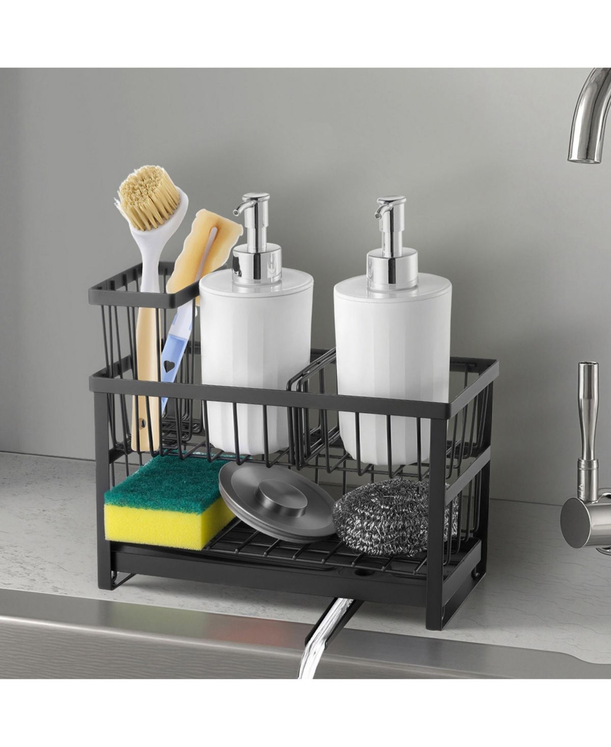 Sugift 2-Tier Kitchen Sink Caddy Organizer with Brush Holder Divider and Rotatable Drainage Spout