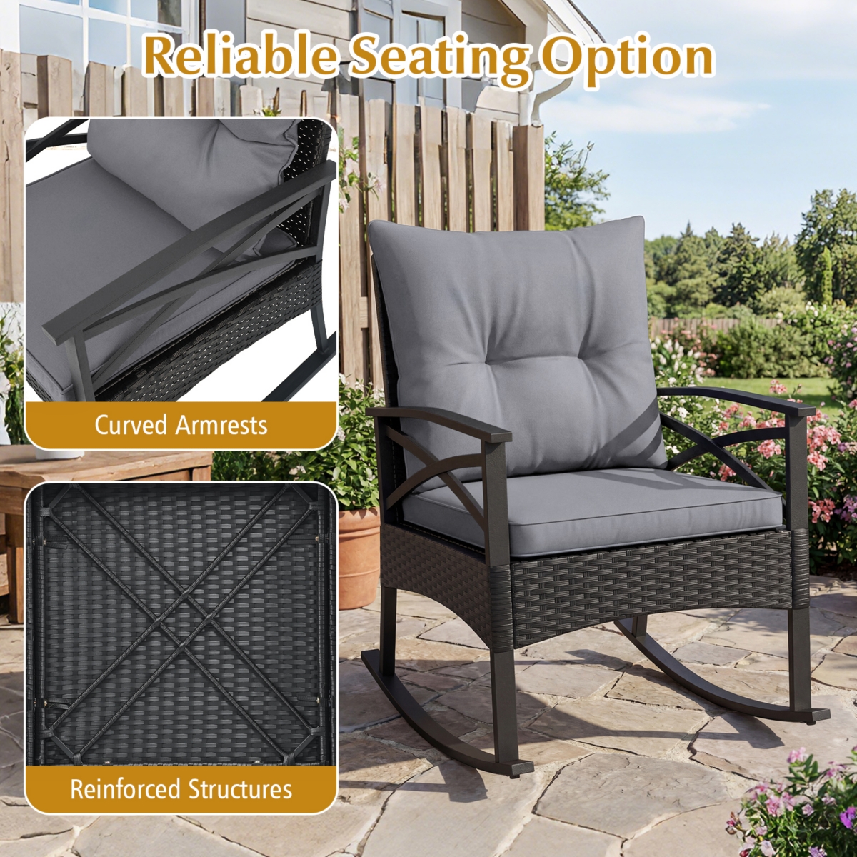 Gymax 3 Pieces Rattan Rocking Bistro Set with Tempered Glass Tabletop and Cushions for Porch Mix