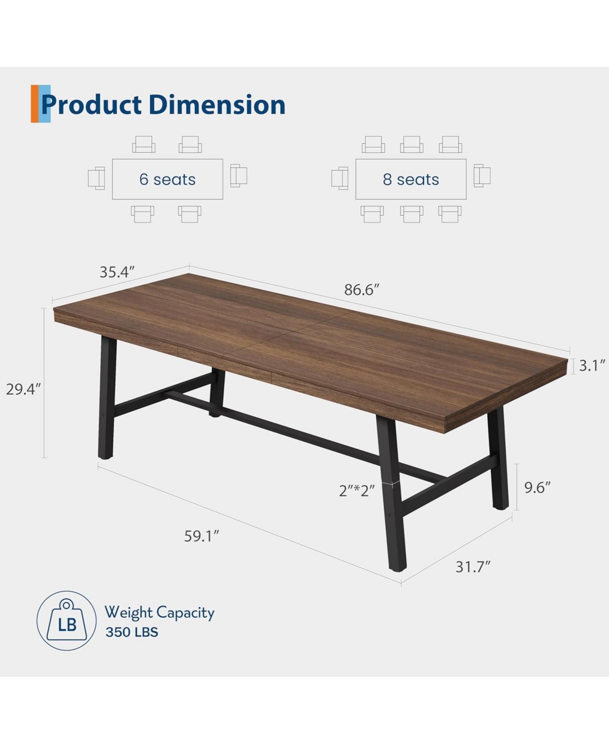 gaomon 86-Inch Industrial Rectangular Dining Table for 8-10 People, Extra Long Kitchen Table with Robust Metal Frame