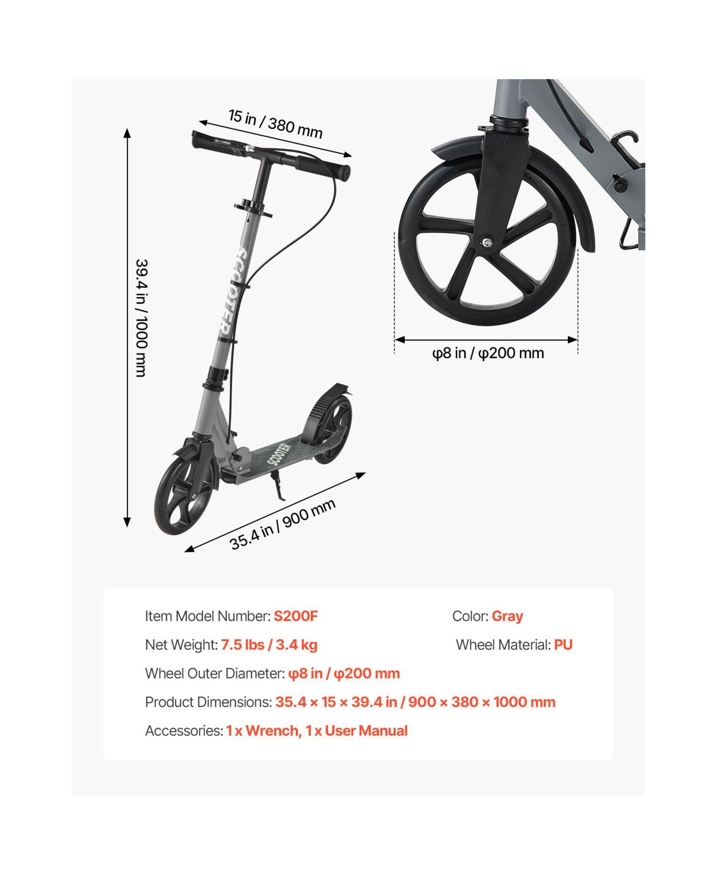 Детская игрушка SUGIFT Adjustable-Foldable Aluminum Alloy 2-Wheel Kick Scooter, Up to 220 lbs, Ages 8+, цвет: Серый — фото 3