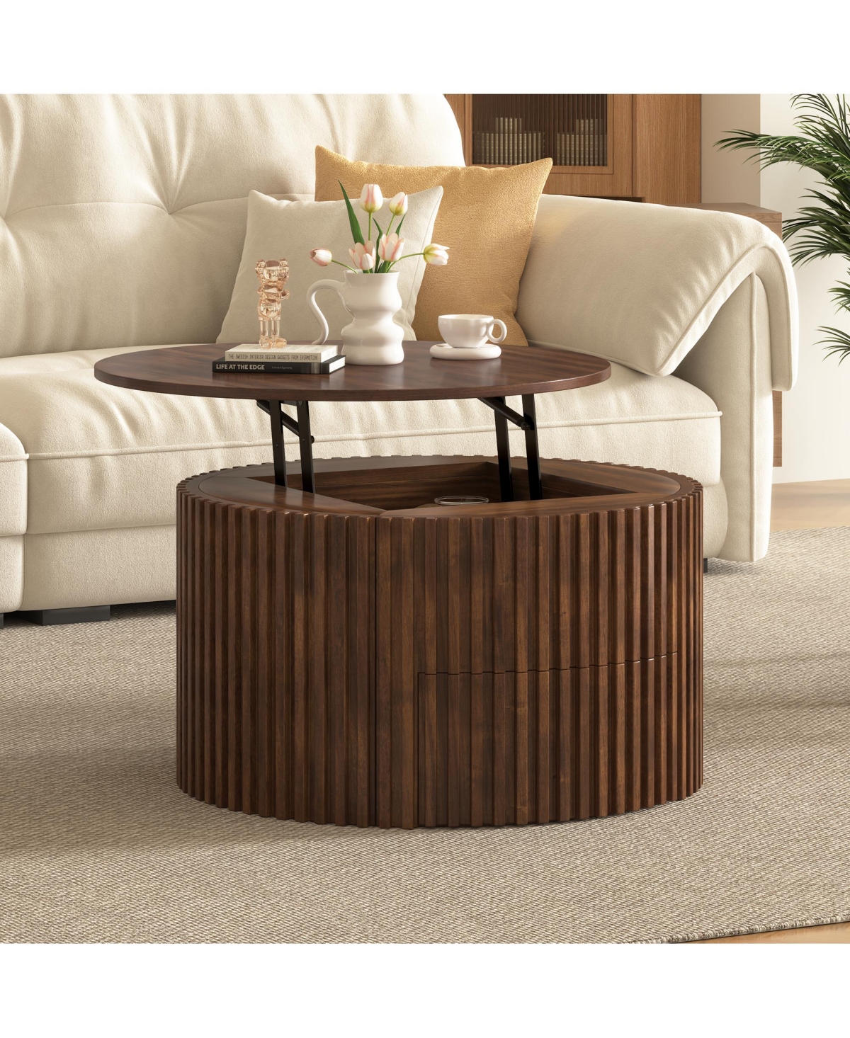 Flynama Round Lift Top Fluted Coffee Table, Solid Wood and Mdf Accent Table with Hidden Storage Drawer