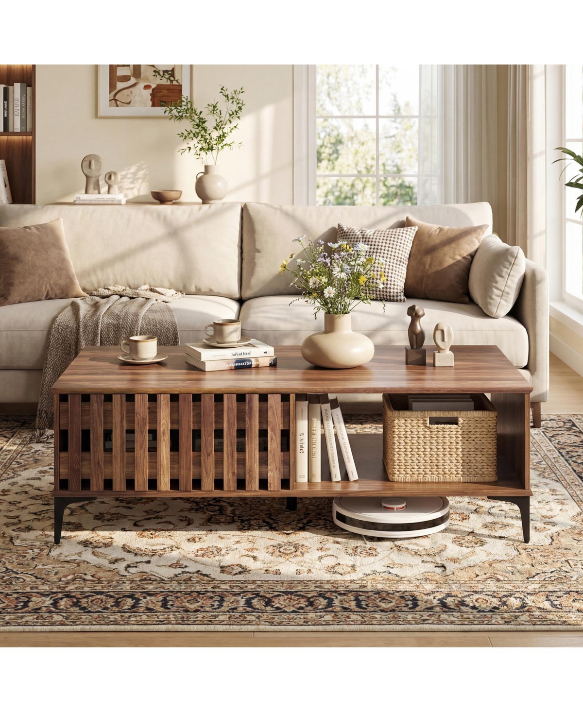 Costway 47" Mid Century Coffee Table with Fence Doors Open Compartment Front Rear Cabinets