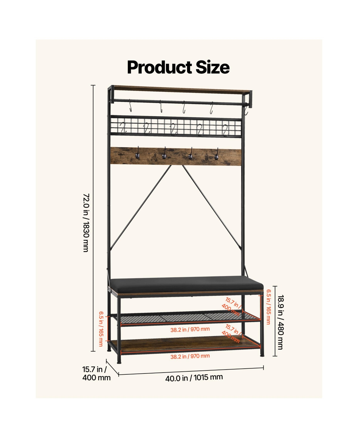Sugift 72 in Hall Tree Coat Rack with Shoe Bench 2-Tier Shoe Rack Hooks Hanging Rod Wire Shelf