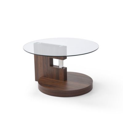 Double-Layer Round Coffee Table, Glass Top and Walnut MDF Legs, 220lbs Capacity