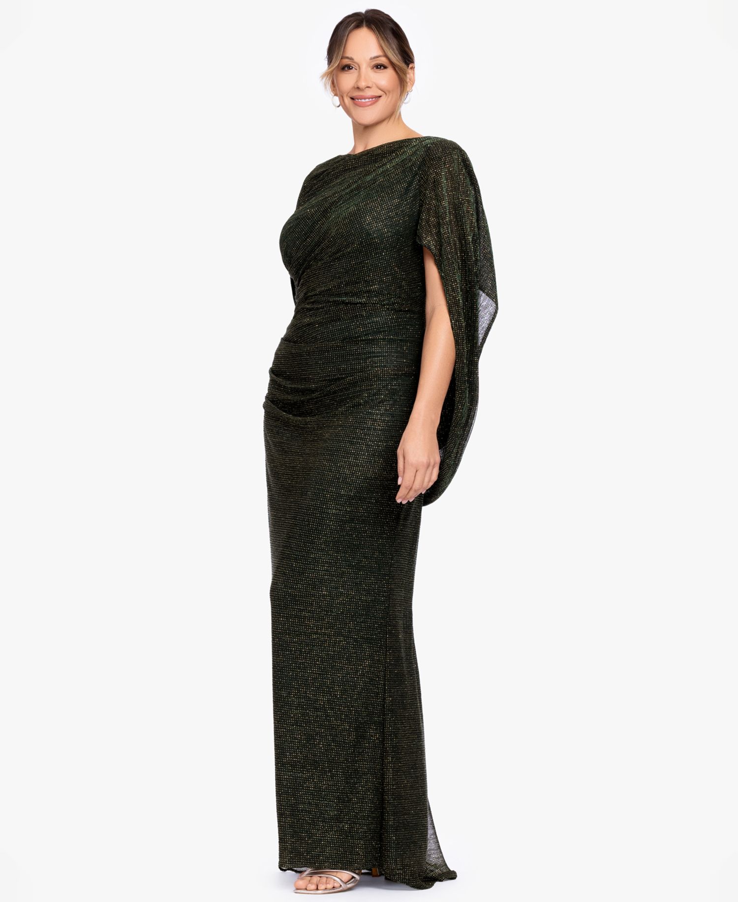 Women's Metallic Glitter-Crinkle Draped-Back Gown