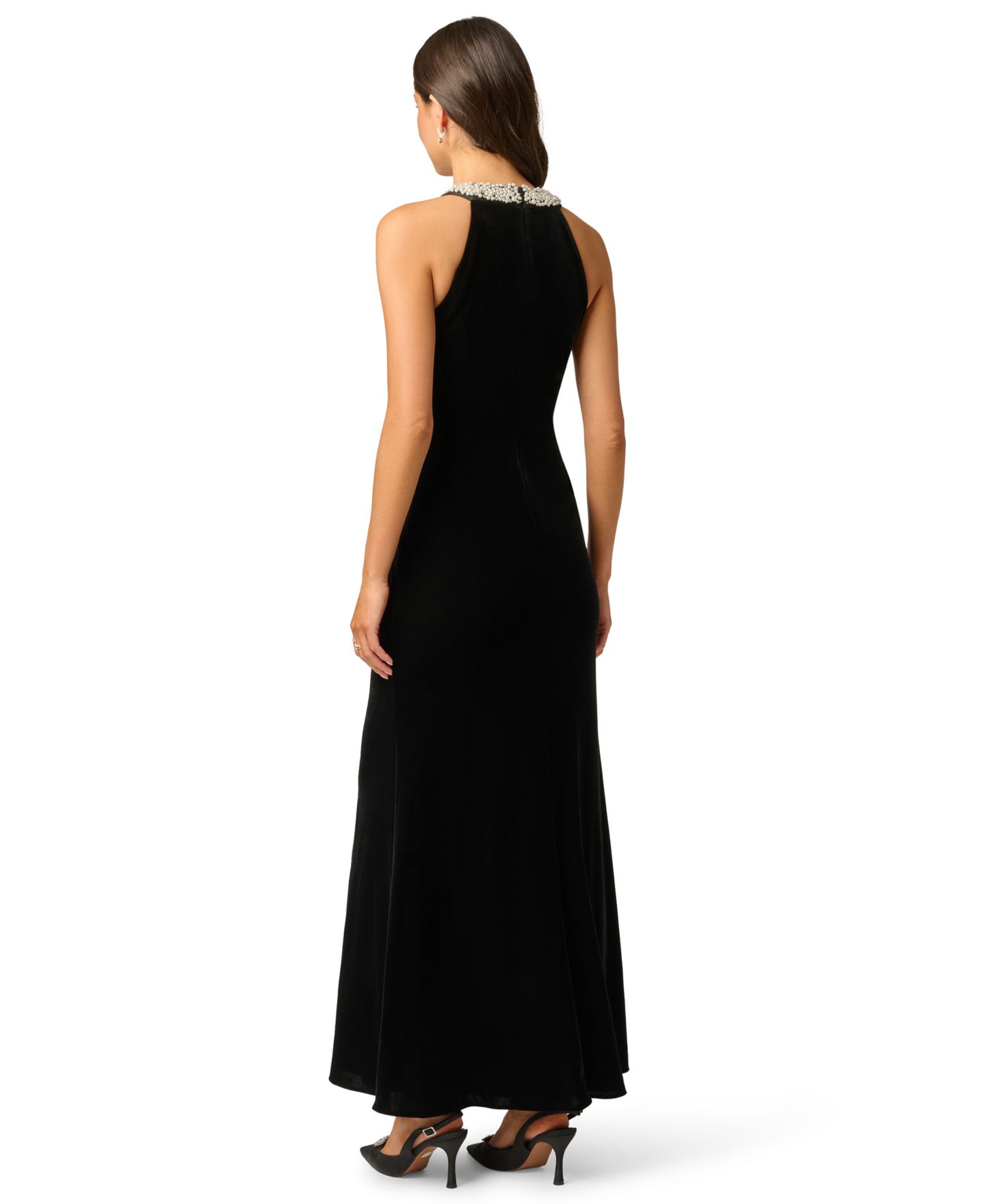 Женские платья Adrianna Papell Imitation Pearl Collar Velvet Halter Gown, цвет: Чёрный — фото 4
