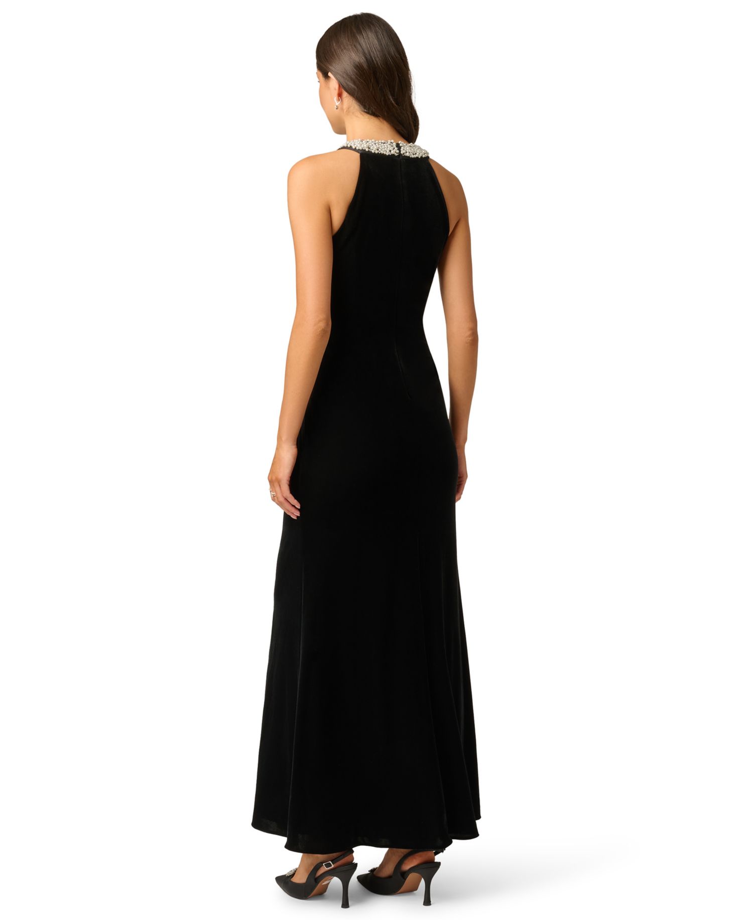 Women's Imitation Pearl Collar Velvet Halter Gown