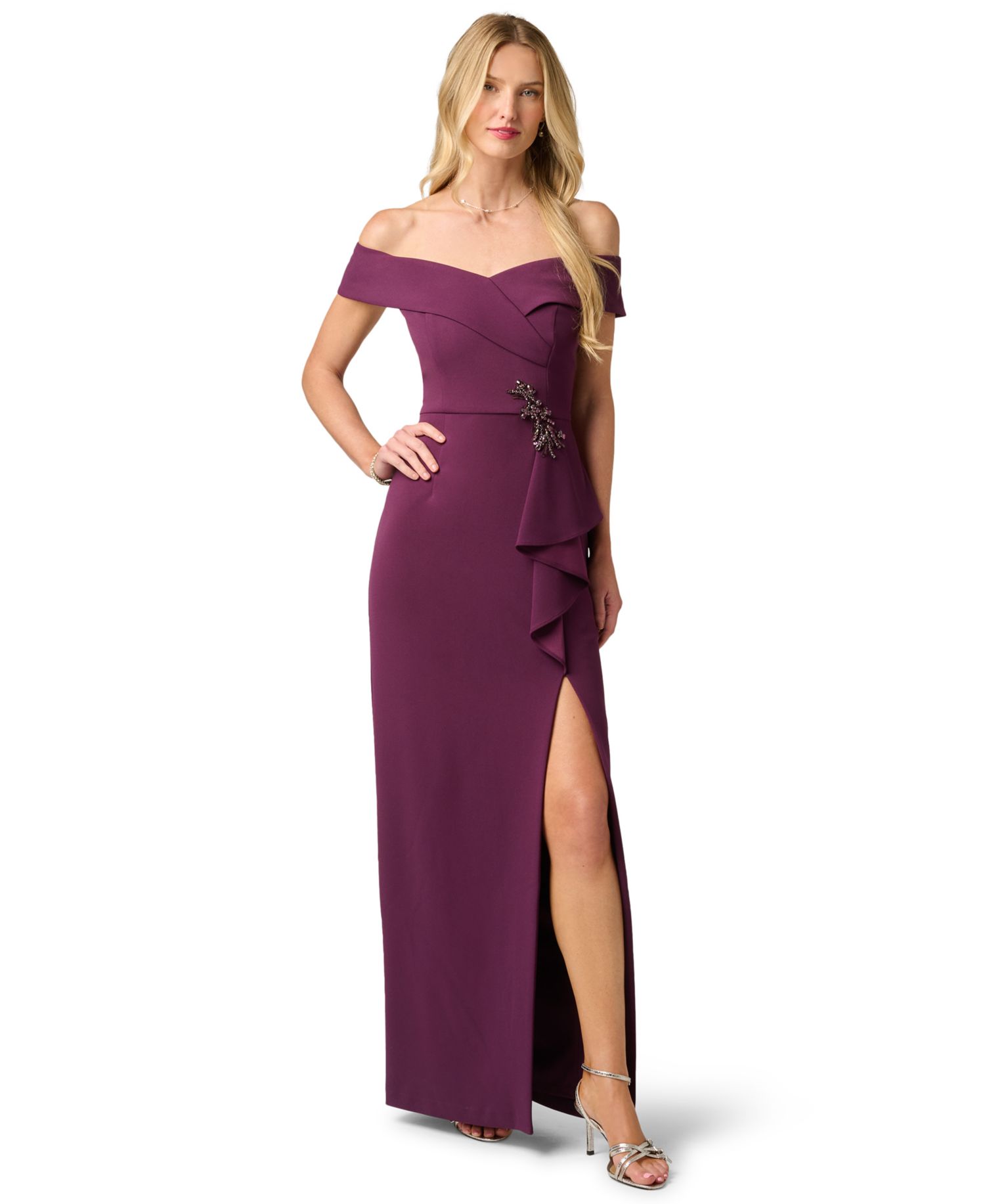 Women's Off-the-Shoulder Column Ruffle Gown