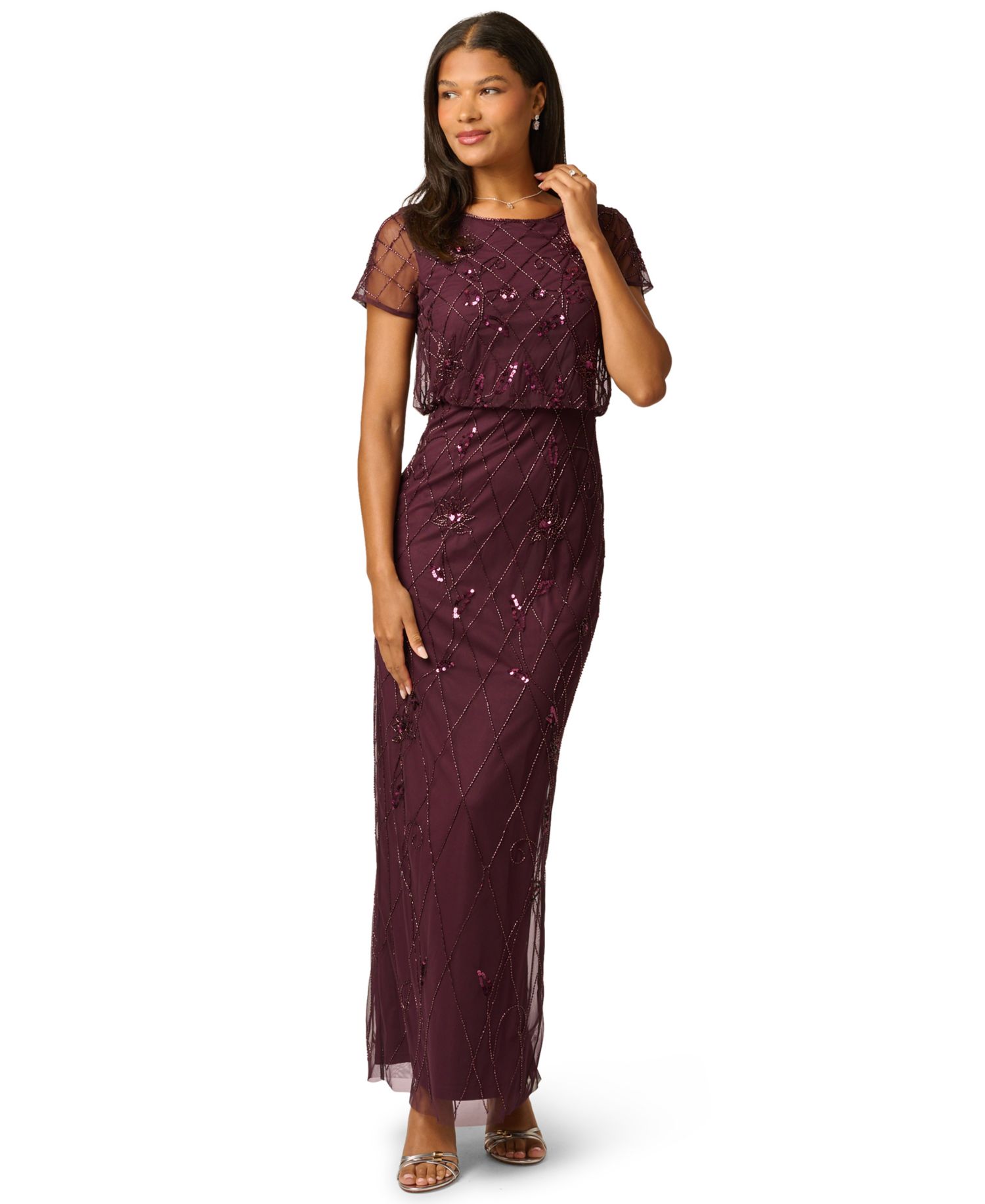 Women's Bead Blouson Boat Neck Short-Sleeve Long Dress