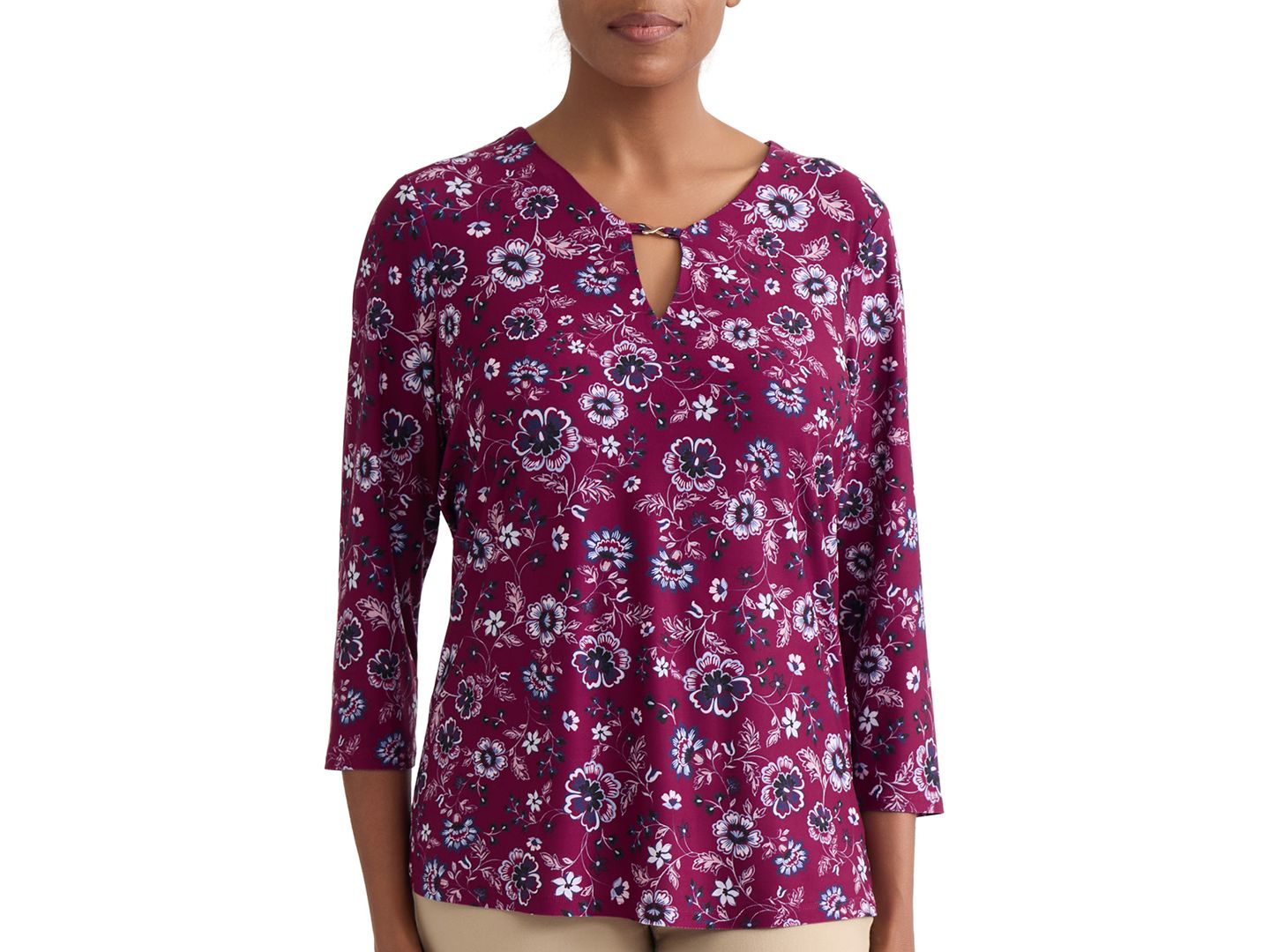 Женский топ Jones New York Floral Print Key-Hole Detail Top, цвет: Ягодный красный разноцветный — фото 1