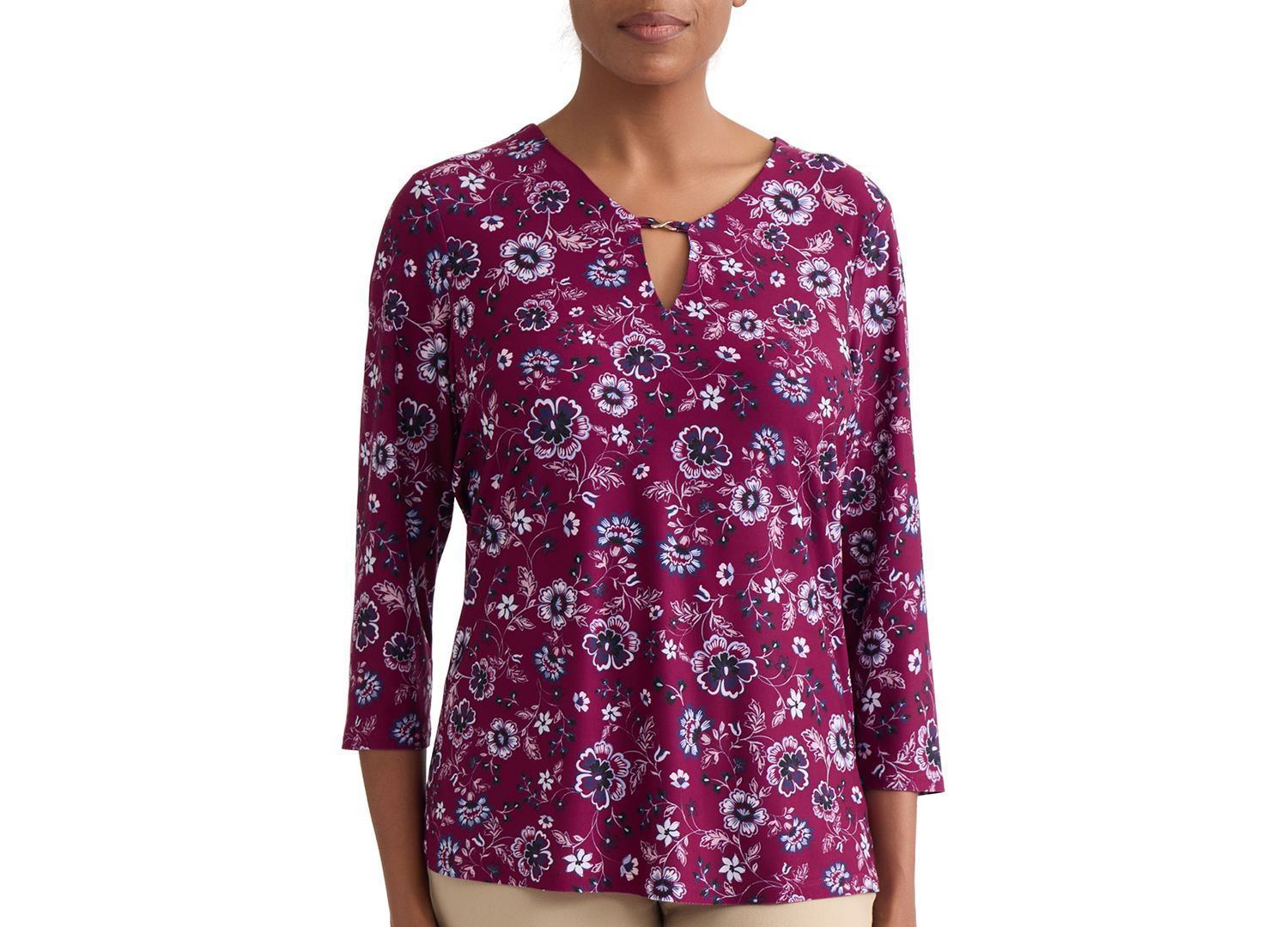 Petite Floral Print Key-Hole Detail Top