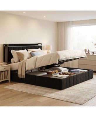 King Bed Frame with Lift Up Storage, Bed with Storage Headboard and Charging Station, Metal Platform Bed, No Box Spring Needed, Wood Slats Support