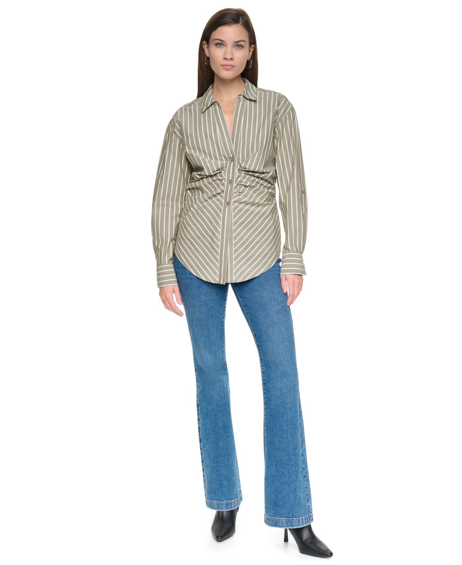 Petite Ruched Striped 3/4-Sleeve Poplin Shirt