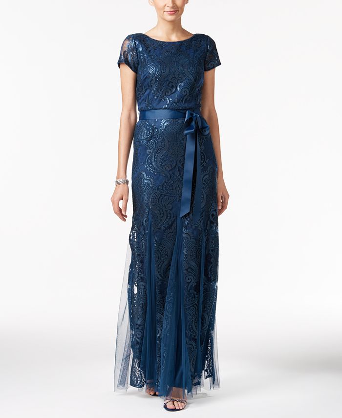 Adrianna Papell Damask Sequined Bow Sash Gown - Macy's