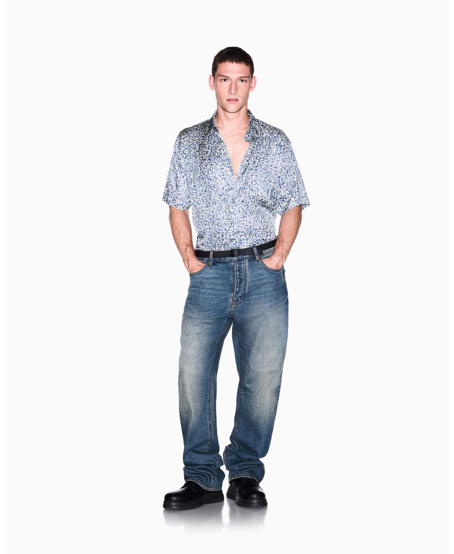 Men's Short Sleeve All-Over Logo Woven Button-Down Shirt