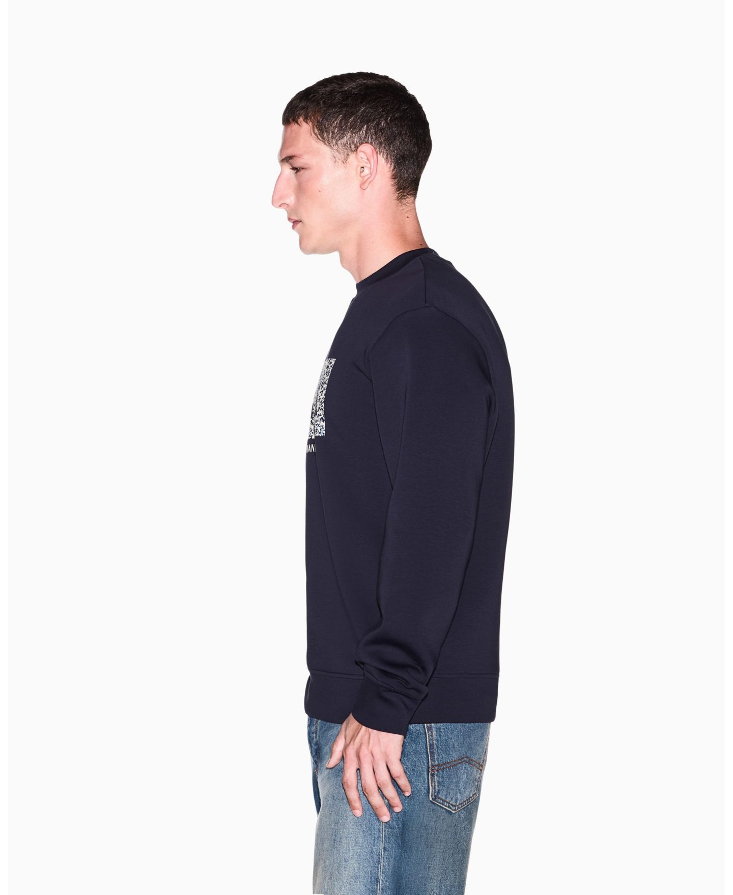 Мужская толстовка A|X Armani Exchange Long Sleeve All-Over Logo Bonded Cotton Crewneck, цвет: Глубокий тёмно-синий — фото 13