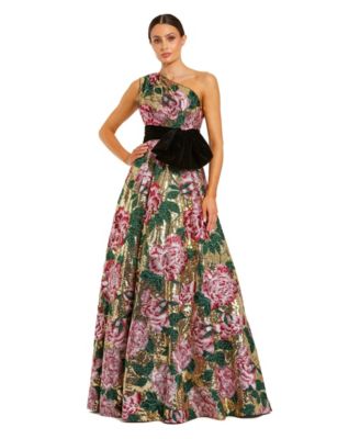 Women's One-Shoulder Floral Sequin Ball Gown with Velvet Bow