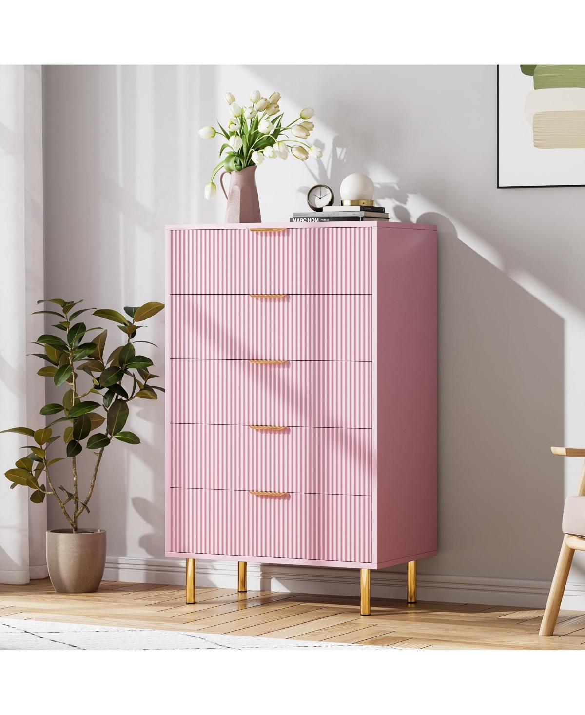 5 Drawer Dresser, Modern Fluted Chest of Drawers with Gold Handles, Multi-Purpose Storage Cabinet for Bedroom Living Room Entryway Hallway