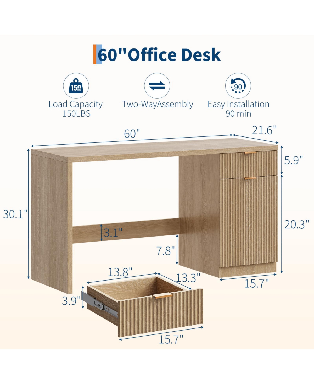Executive Office Desk, 60 Inch Computer Writing Workstation with Drawer, Storage Cabinet for Home Office, Study, Bedroom, Natural Oak