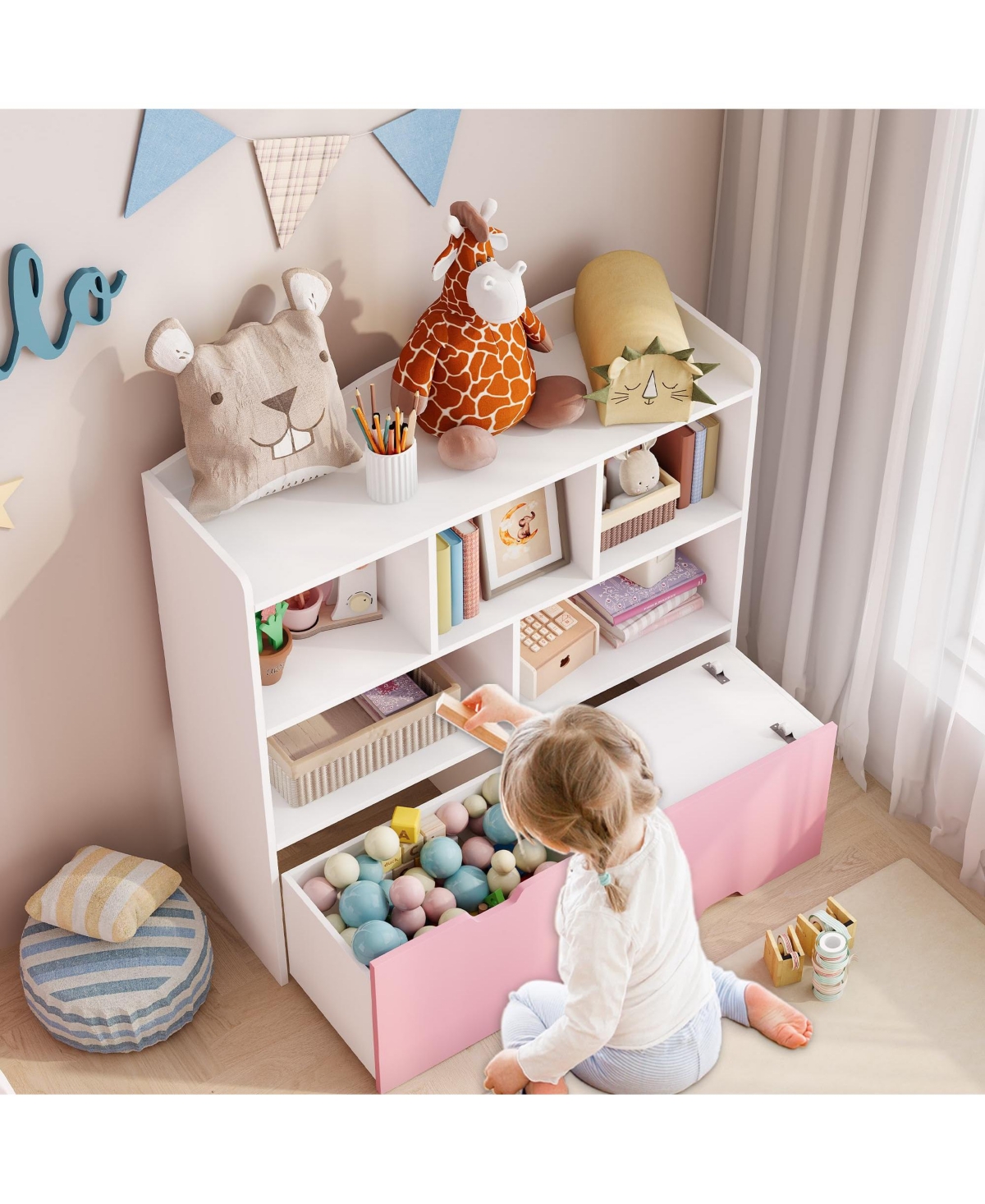 2 Set of Toy Storage Organizer with Movable Drawers, Kids Bookshelf with Hidden Wheels and 5 Open Cubbies, Floor Storage Chest for Playroom, Nursery