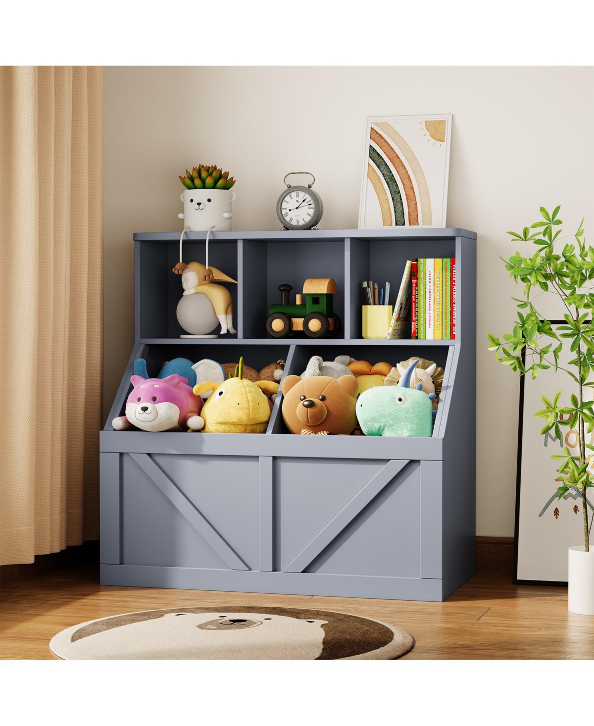 Kids Bookshelf Toy Storage Organizer 35.4"H Layered Cubby Storage Wood Frame Low Height Kid-Friendly for Playroom Bedroom Nursery