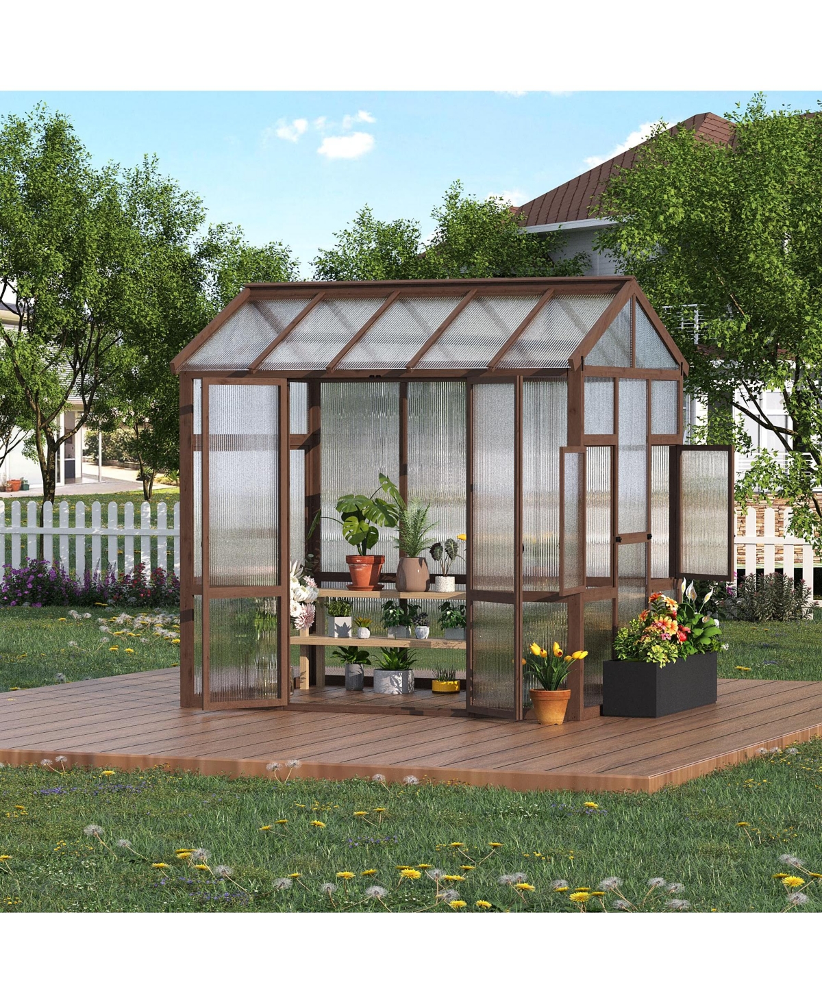 8x7 Ft Walk-In Greenhouse, Fir Wood Frame with Clear Polycarbonate Panels for Patio Backyard Garden All-Season Plant Growing, Natural Wood