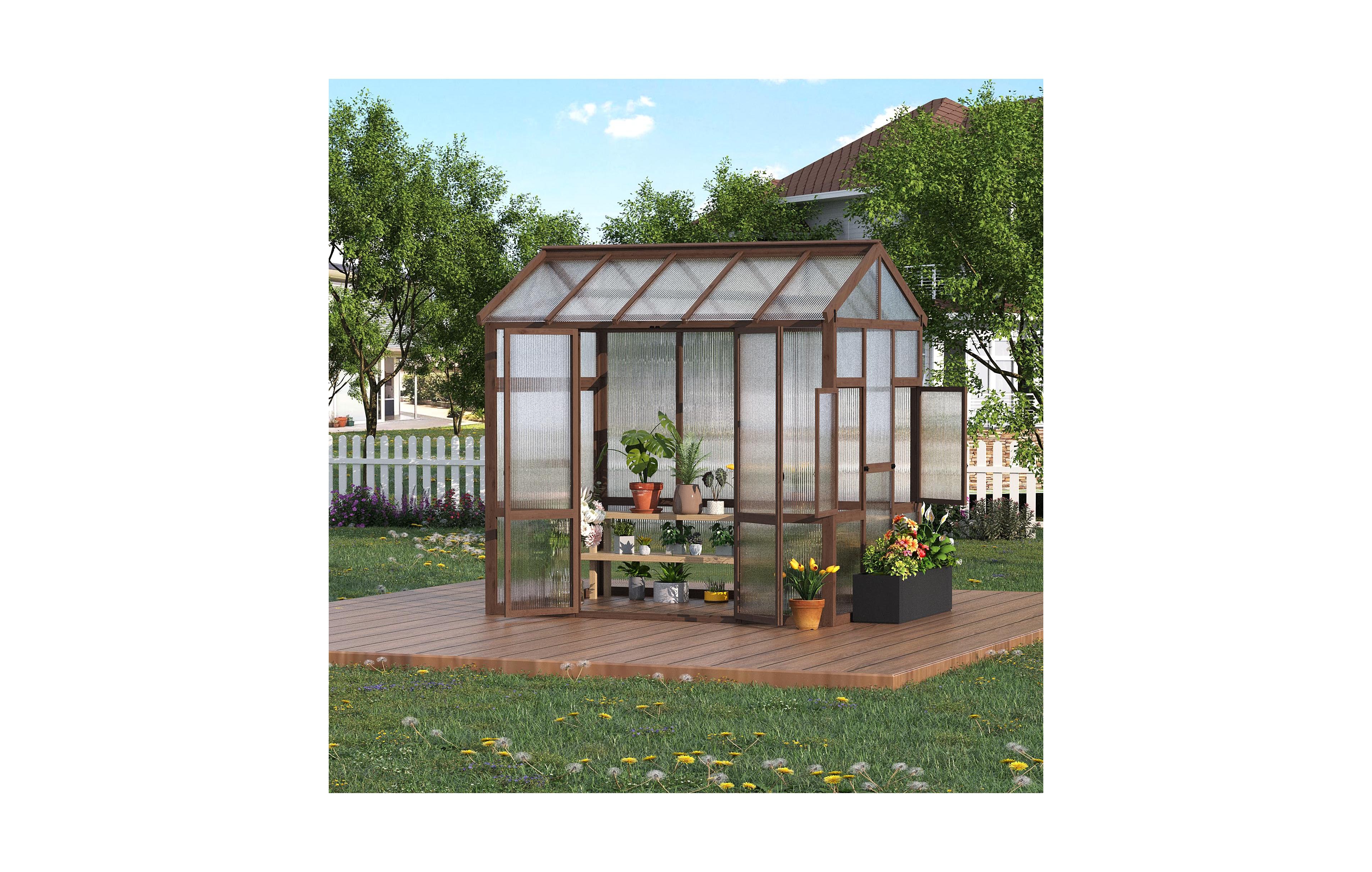 8x7 Ft Walk-In Greenhouse, Fir Wood Frame with Clear Polycarbonate Panels for Patio Backyard Garden All-Season Plant Growing, Natural Wood