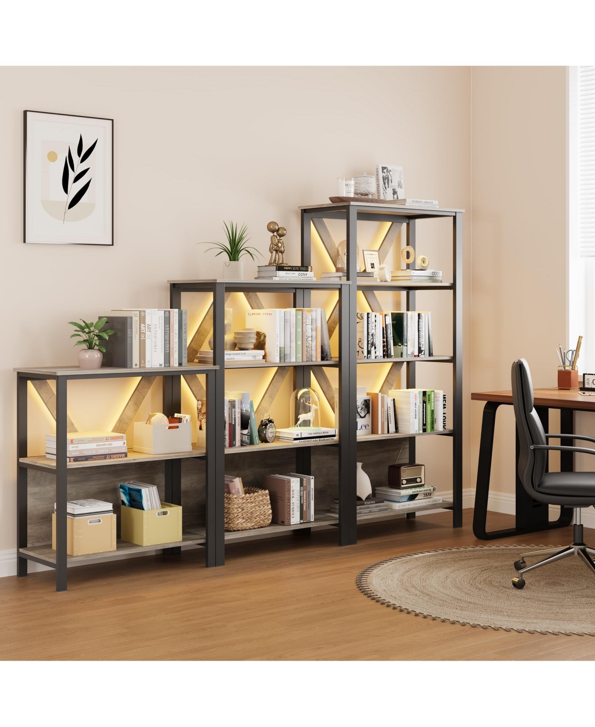 Set of 2 Three-Tier Bookshelves with Led Light Strips, Modern Display Shelf with Backlights for Living Room Bedroom Home Office, Grey