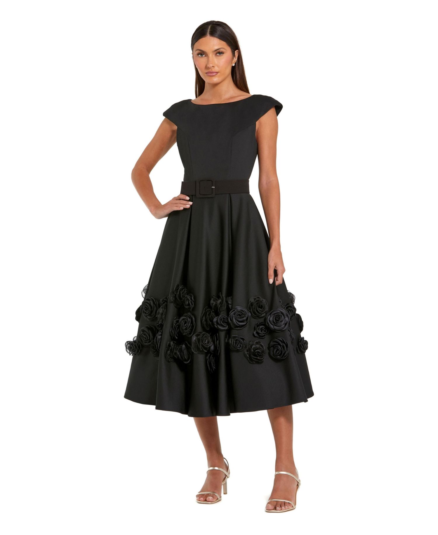Women's Belted Floral Rosette A-Line Midi Dress